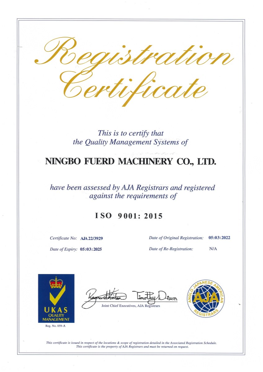 ISO 9001:2015 Registration Certificate - Ningbo Fuerd Machinery